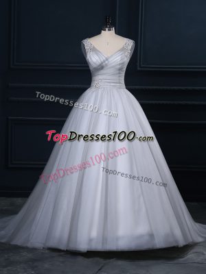 Tulle V-neck Sleeveless Court Train Lace Up Beading and Appliques Wedding Dresses in Grey