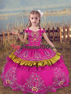 Attractive Off The Shoulder Sleeveless Winning Pageant Gowns Floor Length Beading and Embroidery Fuchsia Satin