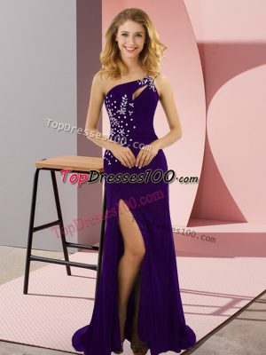 Best Selling One Shoulder Sleeveless Sweep Train Lace Up Prom Gown Purple Elastic Woven Satin