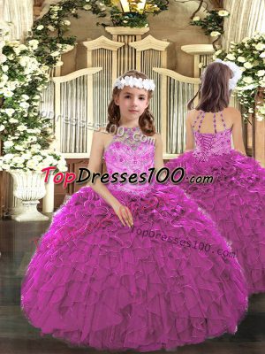 Cheap Tulle Halter Top Sleeveless Lace Up Beading and Ruffles Pageant Dresses in Fuchsia