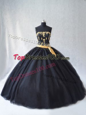 Captivating Black Tulle Lace Up 15 Quinceanera Dress Sleeveless Floor Length Appliques
