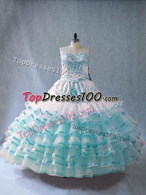 Blue And White Ball Gowns Organza Sweetheart Sleeveless Embroidery and Ruffled Layers Floor Length Lace Up Quinceanera Gown