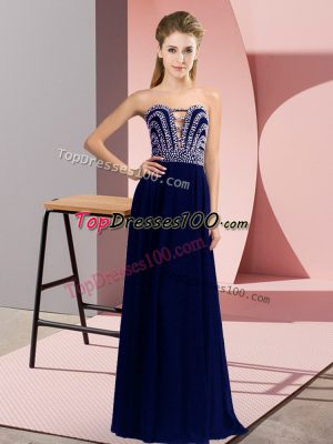 Blue Sleeveless Floor Length Beading Lace Up Juniors Evening Dress
