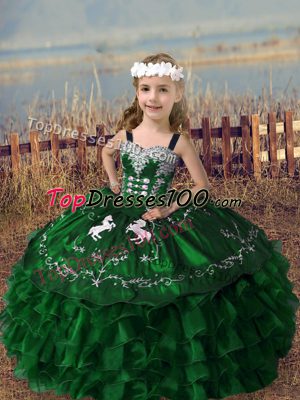 Green Sleeveless Floor Length Embroidery and Ruffled Layers Lace Up Girls Pageant Dresses