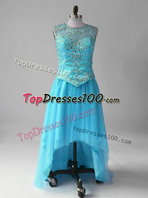 Aqua Blue Prom Gown Prom and Party and Military Ball with Beading Scoop Sleeveless Lace Up