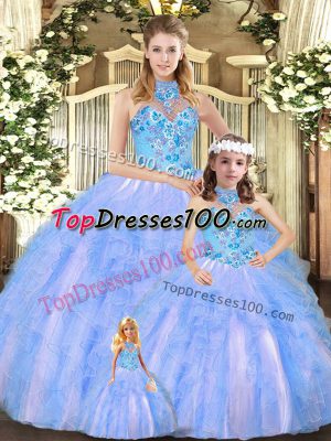 Multi-color Halter Top Neckline Embroidery and Ruffles 15th Birthday Dress Sleeveless Lace Up