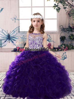 Affordable Sleeveless Lace Up Floor Length Beading and Ruffles Girls Pageant Dresses