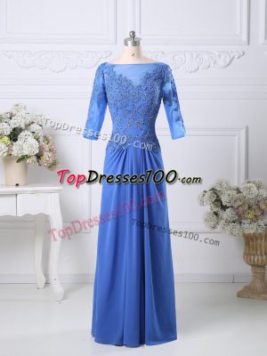 Fancy Blue Half Sleeves Floor Length Lace Zipper