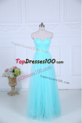 Aqua Blue Empire Tulle Sweetheart Sleeveless Ruching Floor Length Zipper Quinceanera Court of Honor Dress