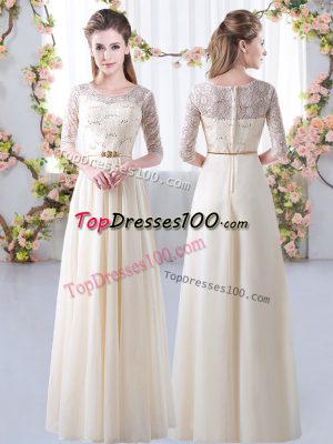 Exquisite Chiffon Half Sleeves Floor Length Bridesmaids Dress and Lace and Belt