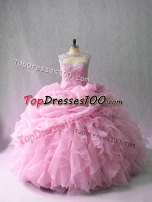 Organza Scoop Sleeveless Brush Train Lace Up Beading and Ruffles Sweet 16 Quinceanera Dress in Pink