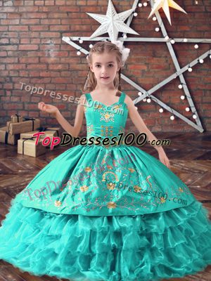 Amazing Ball Gowns Pageant Gowns For Girls Turquoise Straps Satin and Organza Sleeveless Floor Length Lace Up