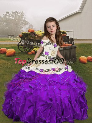 Purple Lace Up Straps Embroidery and Ruffles Child Pageant Dress Organza Sleeveless