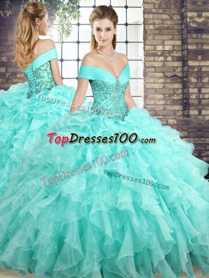 Sleeveless Brush Train Lace Up Beading and Ruffles Quince Ball Gowns