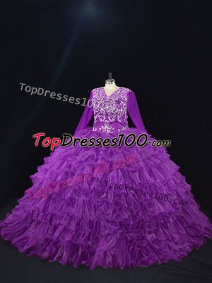 Purple Long Sleeves Floor Length Beading and Ruffled Layers Lace Up Sweet 16 Dress