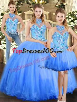 Super Embroidery Ball Gown Prom Dress Blue Lace Up Sleeveless Floor Length