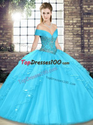 Aqua Blue Off The Shoulder Neckline Beading and Ruffles Quinceanera Dress Sleeveless Lace Up