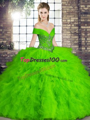 Sexy Off The Shoulder Sleeveless Quinceanera Dress Floor Length Beading and Ruffles Green Tulle