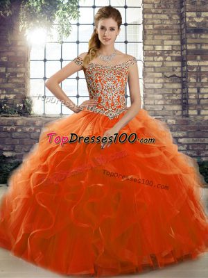 Superior Orange Red Ball Gowns Beading and Ruffles Quinceanera Dresses Lace Up Tulle Sleeveless