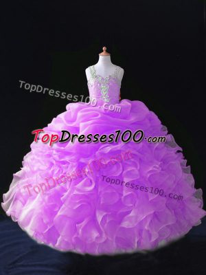 Trendy Lilac Sleeveless Floor Length Beading and Ruffles and Pick Ups Zipper Little Girls Pageant Gowns