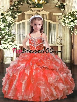 Beauteous Orange Red Sleeveless Beading and Ruffles Floor Length Little Girl Pageant Dress