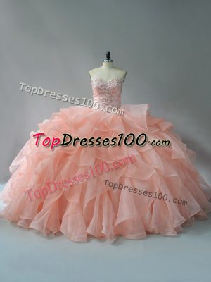 Enchanting Organza Sweetheart Sleeveless Brush Train Lace Up Beading and Ruffles Sweet 16 Dress in Peach