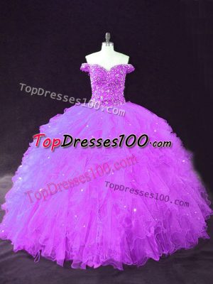 Purple Off The Shoulder Lace Up Beading and Ruffles Sweet 16 Dress Sleeveless