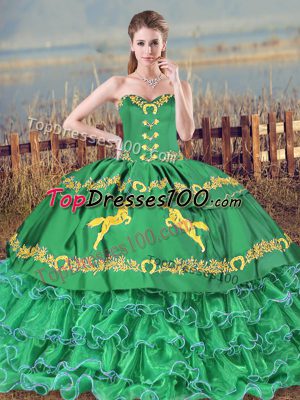 Satin and Organza Sweetheart Sleeveless Brush Train Lace Up Embroidery and Ruffled Layers Quinceanera Gown in Turquoise
