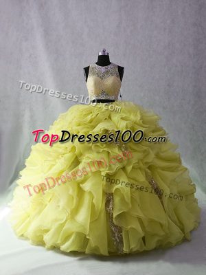 Best Selling Yellow Green Zipper Scoop Beading and Ruffles Quinceanera Gown Organza and Sequined Sleeveless Brush Train