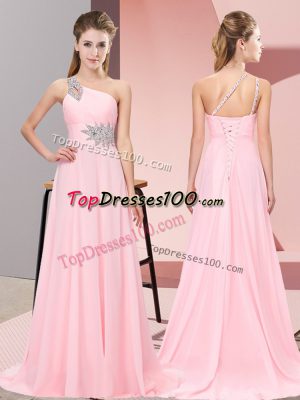 Baby Pink Side Zipper Evening Dress Beading Sleeveless Brush Train