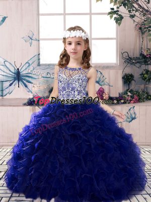 Scoop Sleeveless Lace Up Pageant Dress for Girls Royal Blue Organza
