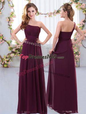 Top Selling Burgundy Empire Chiffon One Shoulder Sleeveless Ruching Floor Length Zipper Vestidos de Damas