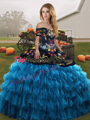 Blue And Black Off The Shoulder Lace Up Embroidery and Ruffled Layers Quinceanera Dresses Sleeveless