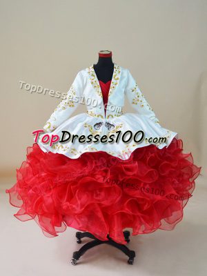 Sleeveless Floor Length Embroidery and Ruffles Lace Up Little Girls Pageant Dress Wholesale with White And Red