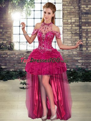 Nice High Low Lace Up Junior Homecoming Dress Fuchsia for Prom and Party with Beading and Ruffles