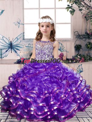 Custom Design Scoop Sleeveless Organza Kids Formal Wear Beading and Ruffles Lace Up