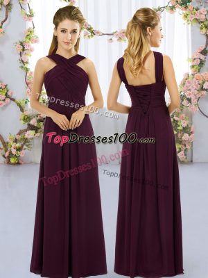 Burgundy Chiffon Lace Up Bridesmaid Gown Sleeveless Floor Length Ruching