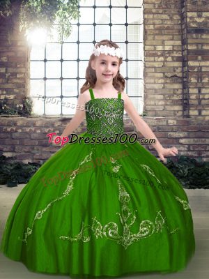Stylish Green Ball Gowns Tulle Straps Long Sleeves Beading Floor Length Lace Up Little Girl Pageant Gowns