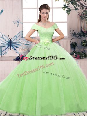 Elegant Tulle Off The Shoulder Short Sleeves Lace Up Lace and Hand Made Flower Vestidos de Quinceanera in