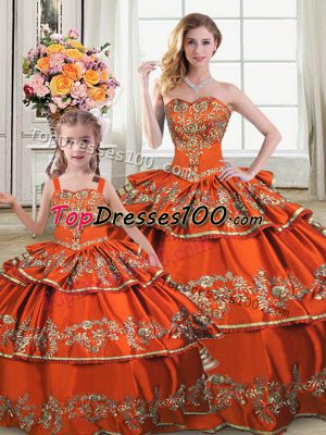 Custom Made Orange Ball Gowns Satin and Organza Straps Sleeveless Embroidery and Ruffled Layers Floor Length Lace Up Sweet 16 Dresses