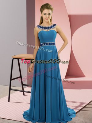 Admirable Empire Sleeveless Blue Evening Dress Brush Train Zipper
