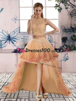 Fancy Sleeveless High Low Beading and Lace Backless Red Carpet Gowns with Gold