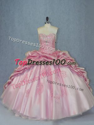 Pink Ball Gowns Sweetheart Sleeveless Tulle Brush Train Lace Up Beading and Appliques and Pick Ups 15 Quinceanera Dress