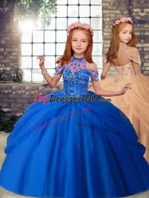 Blue and Peach Tulle Lace Up High-neck Sleeveless Floor Length Little Girls Pageant Dress Beading