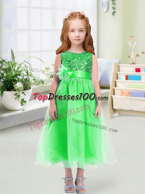 High Class Green Sleeveless Sequins and Hand Made Flower Tea Length Flower Girl Dresses for Less