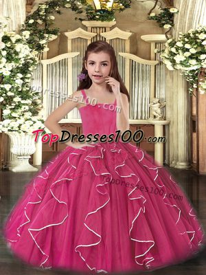 Fuchsia Straps Lace Up Ruffles Pageant Dresses Sleeveless