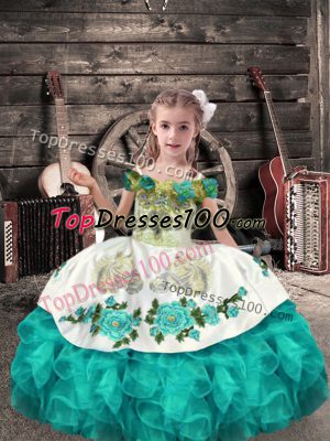 Turquoise Organza Lace Up Off The Shoulder Sleeveless Floor Length Pageant Gowns For Girls Beading and Embroidery and Ruffles