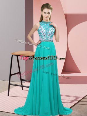 Dazzling Turquoise Halter Top Backless Beading Brush Train Sleeveless