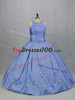 Trendy Blue Ball Gowns Embroidery 15 Quinceanera Dress Zipper Satin Sleeveless Floor Length