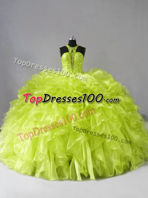 Yellow Green Organza Zipper Halter Top Sleeveless Quince Ball Gowns Brush Train Beading and Ruffles